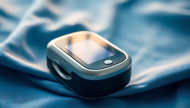 A pulse oximeter on a blue fabric background with a screen and button visible