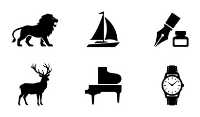 Vector Icons: Lion, Sailboat, Fountain Pen, Deer, Grand Piano, Watch Set © Anisur