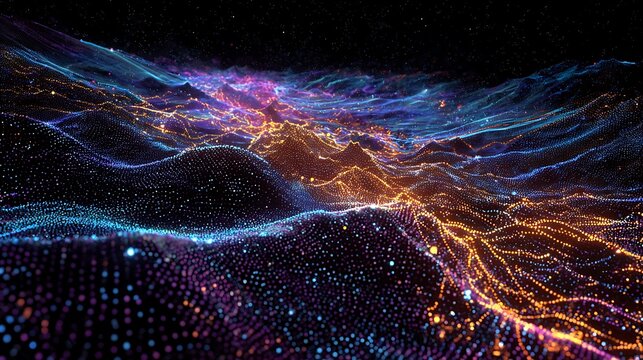 Vibrant digital landscape with glowing particles with purple against dark background depicts mesmerizing digital particles wavy lines shades blue orange