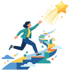 Fototapeta premium Woman climbing colorful stairs reaching for shining star with climbing, ambition