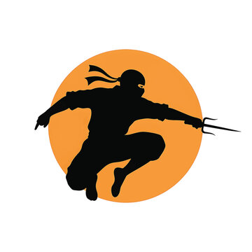 Ninja silhouette jumping with sai weapon against large orange sun background. Action-oriented Japanese warrior vector illustration on white backdrop with high contrast.