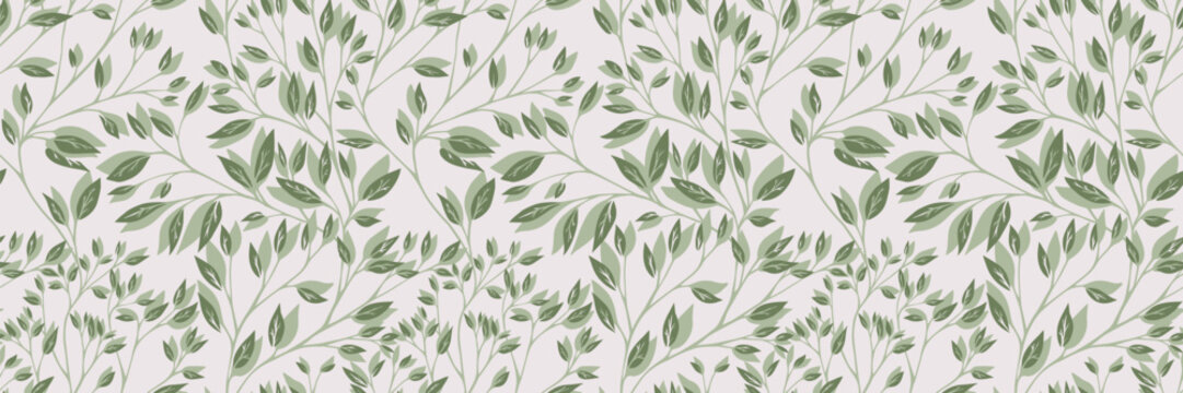 Seamless botanical pattern with delicate green leafy branches on a light background. Elegant nature inspired design ideal for textiles, wallpaper, packaging, stationery, and decor