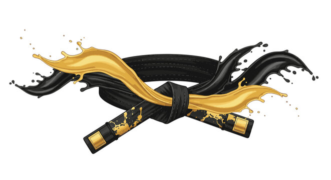 Martial arts black belt illustration featuring dynamic gold and black liquid splashes. Tied karate or judo rank belt with golden paint splatter effects on a plain white background.