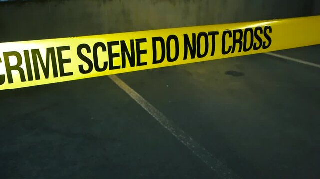 Yellow police tape reading crime scene do not cross marking a cordon in an empty underground parking lot at night, restricting access to an active investigation and securing evidence