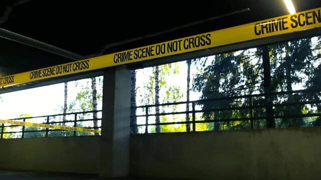 Yellow police tape with the words Crime Scene Do Not Cross cordoning off a section of an empty, multi level parking garage, sealing the area from public access after an incident
