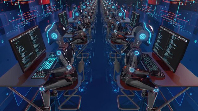 Endless 3d loop of futuristic humanoid robots working at computers. Concept of mass production, factory automation, robotics industry and advanced technology workforce in a sci-fi warehouse.