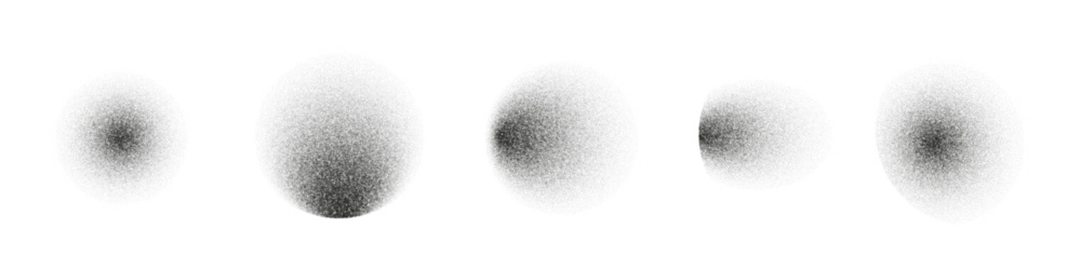 Noise spray round shadow gradients. Set of round grain effect. Dot dissolve texture. Gray stipple vector pattern