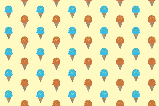 Seamless Bubble Gum and Chocolate Ice Cream Cone Pattern on Yellow Pastel Background