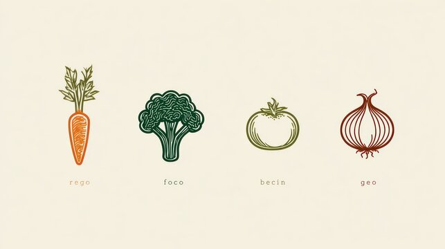 Four stylized illustrations of common root vegetables and produce displayed in a row