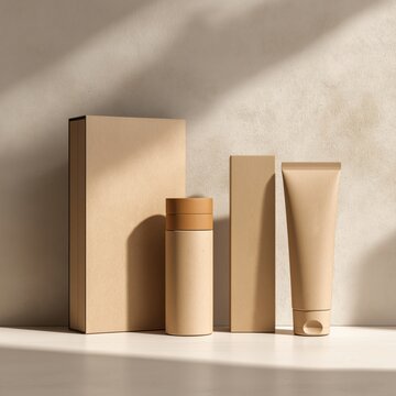 Minimalist beige cosmetic packaging set including a box, bottle, and tube, displayed with soft natural lighting on a textured background