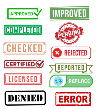Set of multicolored business office stamps including approved, pending, rejected, and improved text labels.