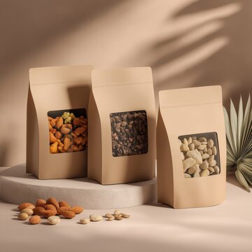 Three kraft paper bags with transparent windows display almonds, coffee beans, and cashews, arranged on a textured round platform with scattered nuts around