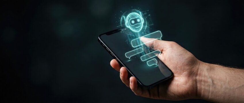AI assistant app hologram on smartphone for mobile digital technology