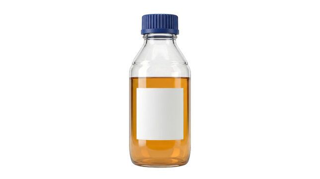 Amber glass reagent bottle with blank white label transparent background