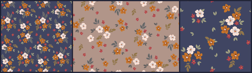 Seamless floral pattern, Liberty ditsy print in fall motif. Сute set of botanical designs in warm colors. Small hand drawn flowers, tiny leaves, simple mini bouquets abstract. Vector illustration. © Yulya i Kot