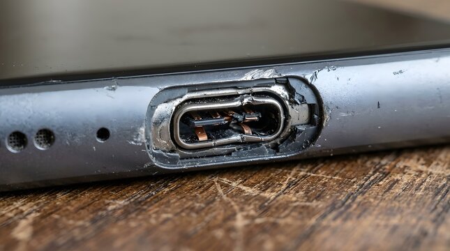 Severely Damaged Smartphone USB-C Charging Port Close-up