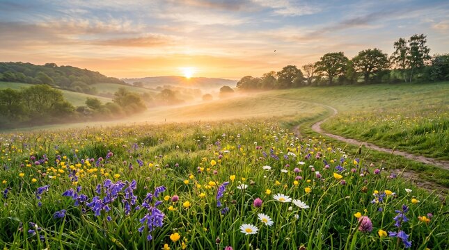 Sunrise Over Spring Meadow with Wildflowers and Mist &ndash; Scenic Countryside Landscape Background