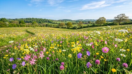 Fototapeta premium Wildflower Meadow Landscape with Colorful Spring Flowers Under Blue Sky – Nature Field Background