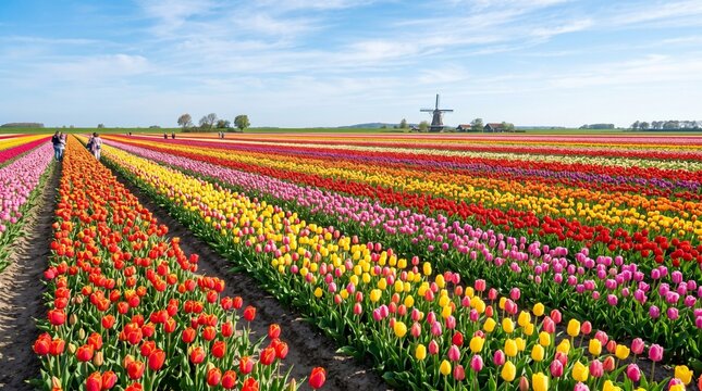 Tulip Flower Field with Rainbow Rows and Windmill &ndash; Dutch Spring Farm Landscape Background