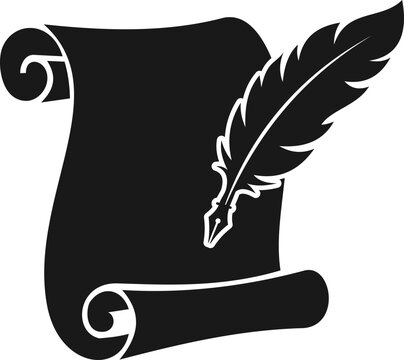 Legal Document Scroll & Quill Pen Icon. Contract, Agreement, History, Writing Symbol Vector Illustration