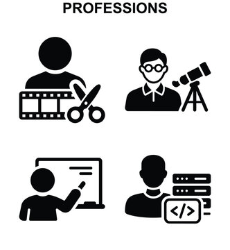 Professions professions icon set with video editor astronomer teacher and programmer black and white vector