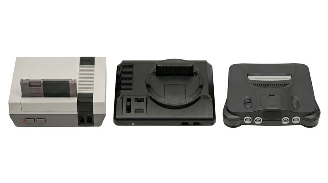 Evolution of classic gaming consoles including 8-bit nes 16-bit sega mega drive and n64 systems isolated on transparent background.