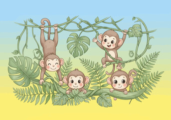 Naklejka premium Four Cute Cartoon Monkeys Swinging Playfully on Jungle Vines