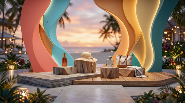 A creative retail showcase setup featuring colorful wavy geometric arches, wooden pedestal blocks holding a straw hat, perfume bottle, and canvas tote bag on a sandy beach shore at sunset.