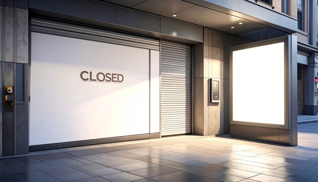 Modern shop facade with closed metal shutters and a blank white vertical billboard mockup on a city street pavement. Economic crisis or business closure concept