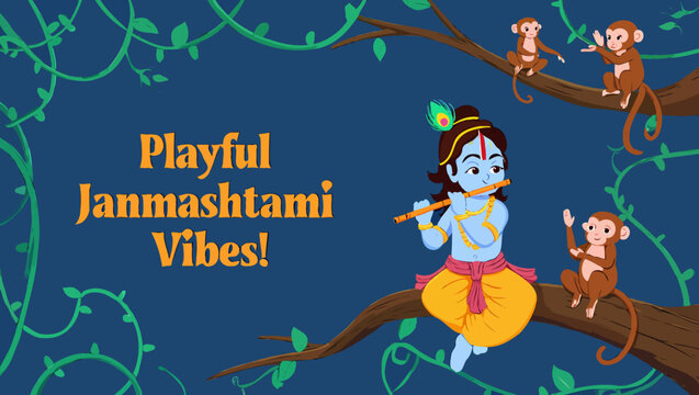 Playful janmashtami vibes with krishna playing flute surrounded by monkeys