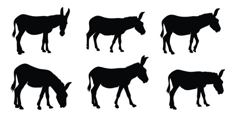 Fototapeta premium Donkey silhouette vector set, Domestic donkey farm livestock black silhouette bundle