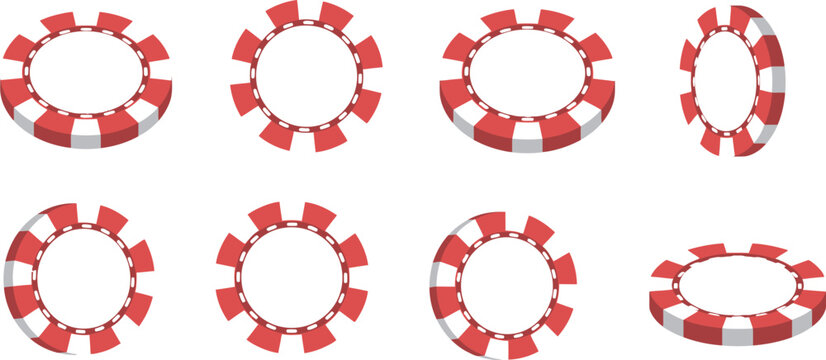 Set of red and white casino chips in different angles, realistic vector illustration representing gambling tokens, poker gameplay, and casino entertainment concepts for gaming and promotional design 