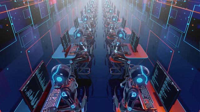 Endless 3d loop of futuristic humanoid robots working at computers. Concept of mass production, factory automation, robotics industry and advanced technology workforce in a sci-fi warehouse.