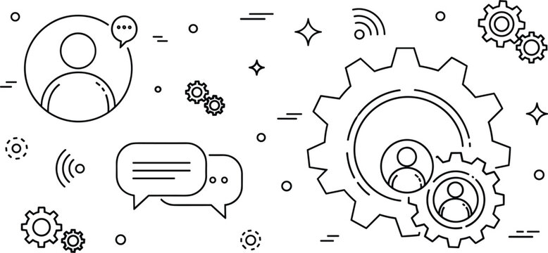 Customer relationship management and technical support line icon set featuring user avatars chat bubbles gears and communication elements