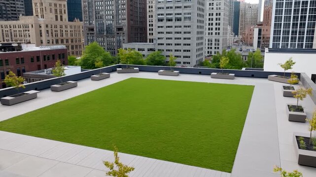 Rooftop garden terrace with central square lawn and planters