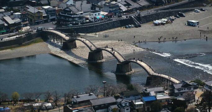 Aerial View of Kintaikyo Bridge Over Nishiki River In Iwakuni Japan
