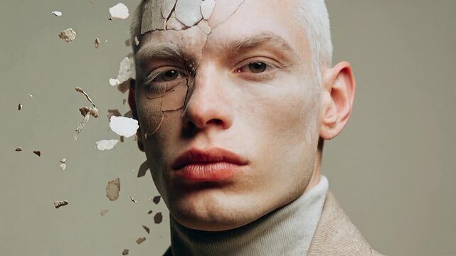 Man's face shattering into pieces, symbolizing mental breakdown or transformation. Close-up of a man's face with cracked skin and fragments breaking away