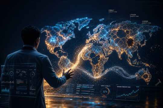 Futuristic holographic world map with molten gold and silver resource flow highlighting lithium cobalt copper scarcity zones and silhouette researcher controlling supply
