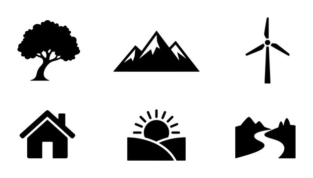 Nature Icons Set: Tree, Mountains, Windmill, House, Sunrise, Landscape Vector Graphics for Eco-Friendly Design