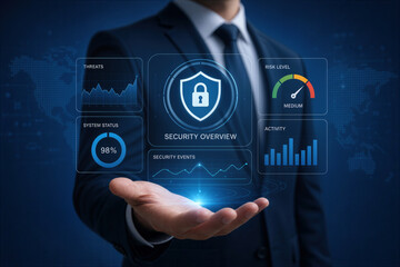 Obraz premium Businessman holding security overview interface with charts graphs cyber security dashboard risk level system status security events data visualization for enterprise IT protection and compliance
