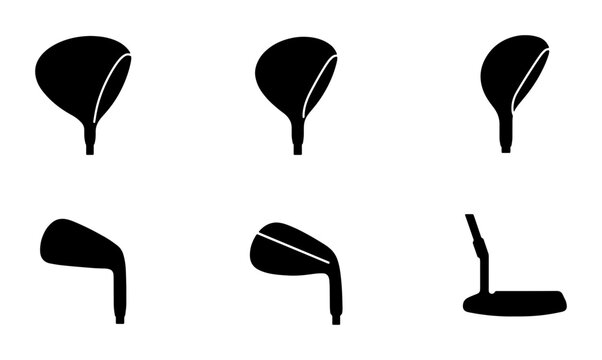 Golf Club Icons Set, Sports Equipment Vector Graphics, Black and White Silhouette Collection