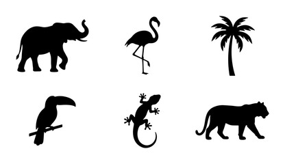 African Elephant, Flamingo, Toucan, Tiger, Lizard, Palm Tree Silhouettes: Safari Wildlife Icons © Rony