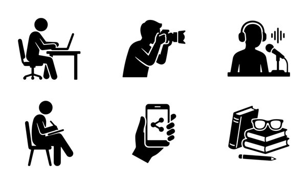 Creative Professions Icons Set: Writing, Photography, Podcasting, Mobile Sharing, Study