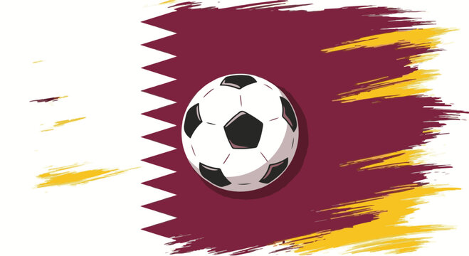 Vector illustration of a classic soccer ball positioned centrally over a textured brushstroke flag of Qatar with maroon and white colors and golden yellow accents.