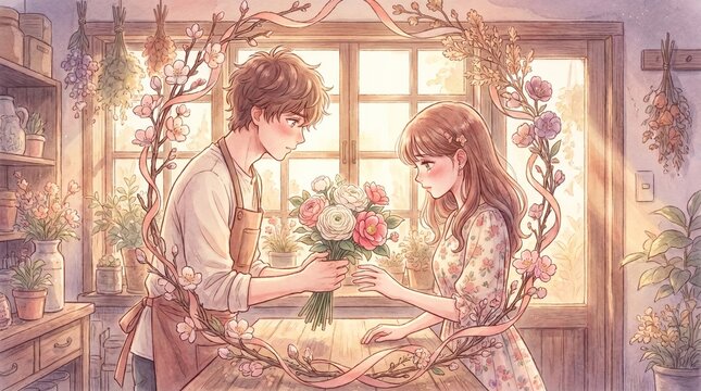 Romantic shojo anime couple exchanging a bouquet in a floral shop interior with warm sunlight for wallpaper poster design and greeting card art