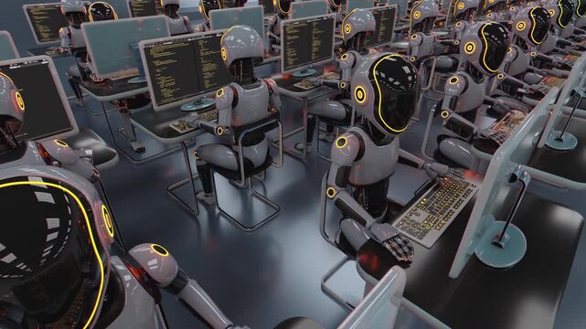 Endless 3d loop of futuristic humanoid robots working at computers. Concept of mass production, factory automation, robotics industry and advanced technology workforce in a sci-fi warehouse.