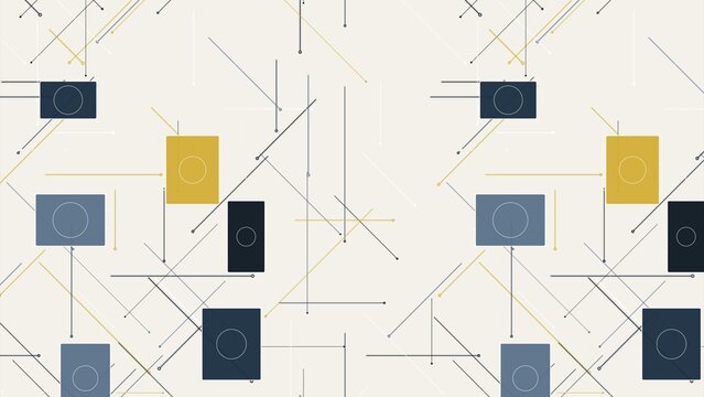 Geometric pattern features dark blue squares and gold rectangles arranged with thin intersecting lines on a light beige background.
