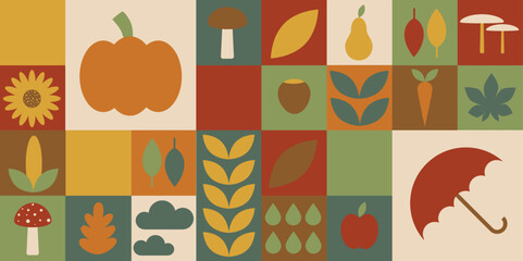 Retro Autumn Harvest Patchwork Seamless Pattern with Pumpkins Leaves Mushrooms and Woodland Elements © Urska