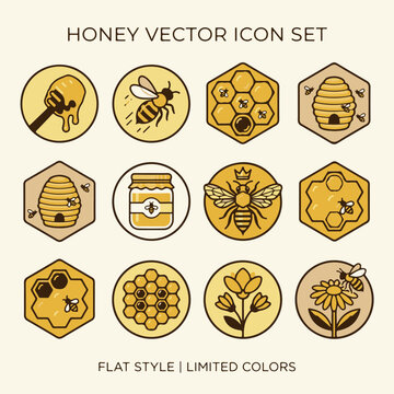 Honey Vector Icon Set with Bees and Honeycomb in Flat Style