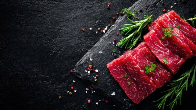 Raw beef steak with rosemary and salt on dark slate background minimalist food styling